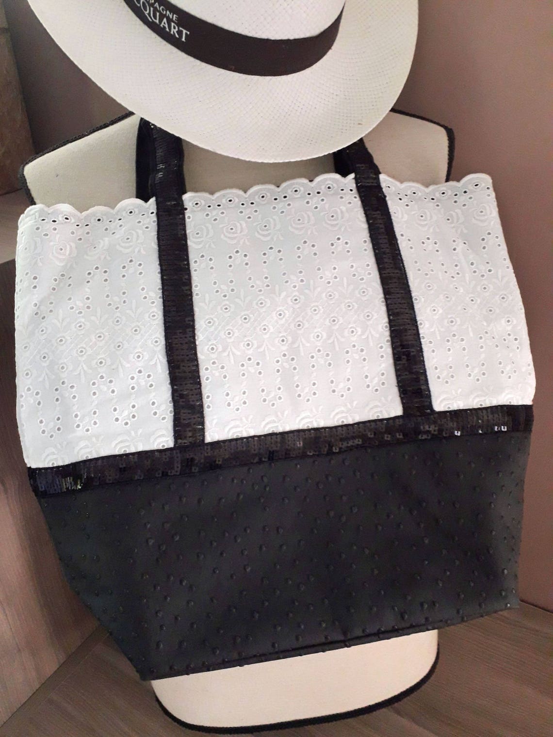Sac cabas à paillettes simili cuir et broderie anglaise Etsy