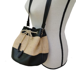 Bag seal bi-material faux leather black and natural jute canvas afbeelding 5