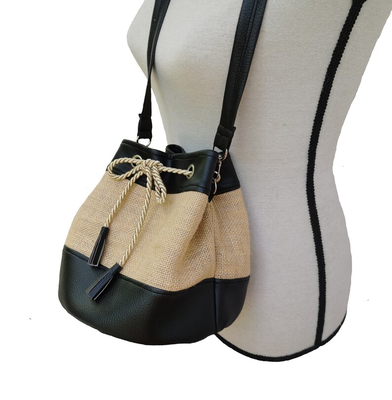 Bag seal bi-material faux leather black and natural jute canvas afbeelding 5