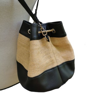 Bag seal bi-material faux leather black and natural jute canvas afbeelding 4