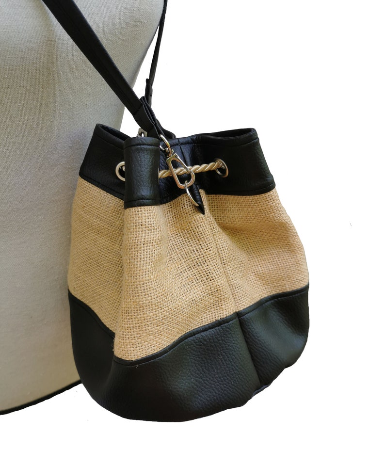 Bag seal bi-material faux leather black and natural jute canvas afbeelding 4