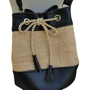 Bag seal bi-material faux leather black and natural jute canvas afbeelding 2