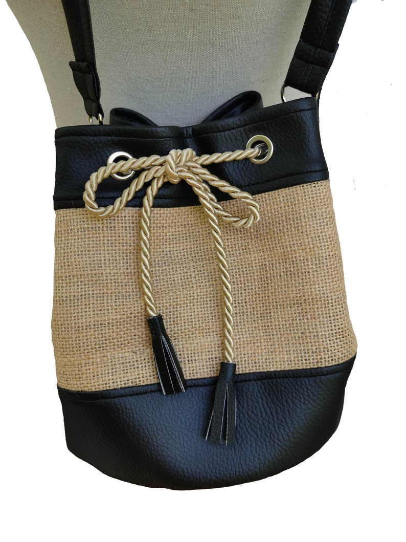 Bag seal bi-material faux leather black and natural jute canvas afbeelding 2