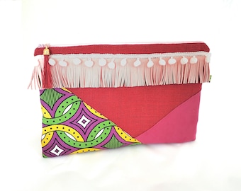 Pochette trousse ethnique boho chic colorée. Sacoche toile de jute à pompons. FREE SHIPPING