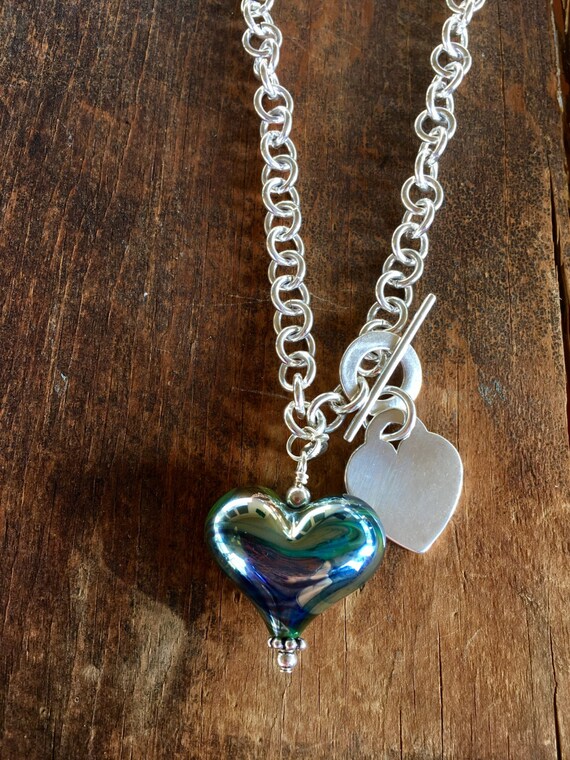 Items similar to Link Chain Necklace. Glass Heart Pendant. Sterling ...