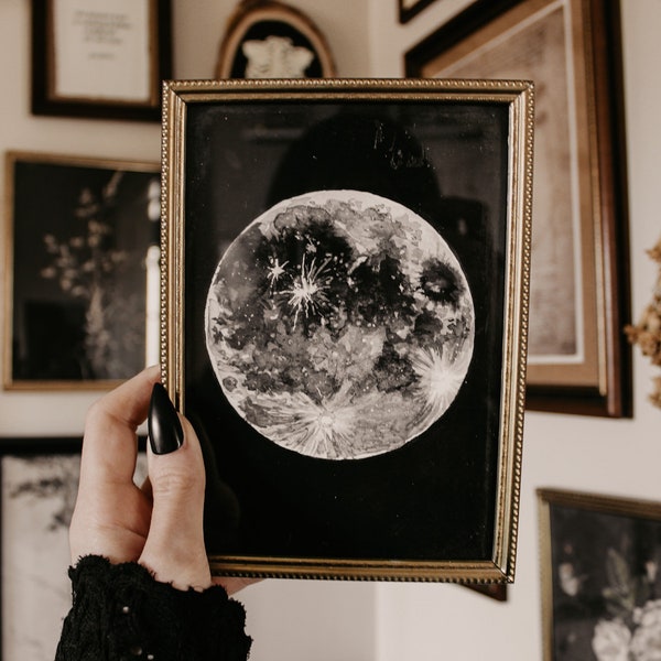 Black Ink Moon Print | Minimalist Celestial Art | Dark Academia Home Decor | Handmade Gothic Artwork