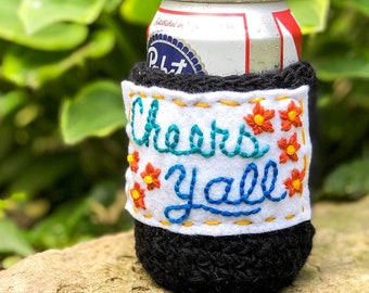 Handspun Wool Koozie - Handmade - Hand Embroidered