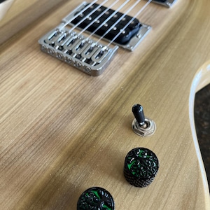 Puede incluir: Un cuerpo de guitarra el&eacute;ctrica de madera clara con veta visible. Cuenta con dos pastillas humbucker negras, un puente plateado, un interruptor de palanca negro y dos perillas de control negras con un dise&ntilde;o de &aacute;rbol de la vida verde.
