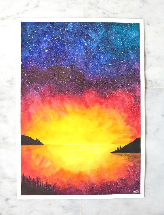 Paisaje galaxia con acuarelas. Acuarela hecha a mano. Acuarela - Etsy España