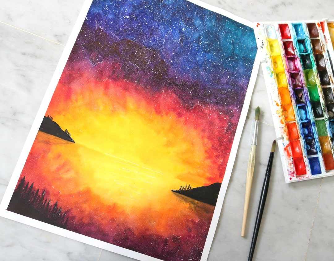 Paisaje galaxia con acuarelas. Acuarela hecha a mano. Acuarela - Etsy México