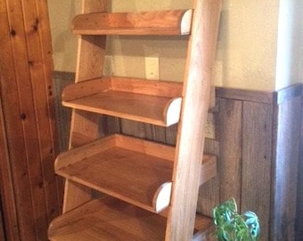Solid Oak Ladder Shelf — 70-Inch Leaning Bookshelf | Graduated Shelves | Custom Size & Finish