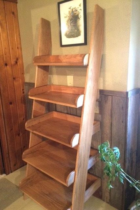 Solid Oak Ladder Shelf — 70-Inch Leaning Bookshelf | Graduated Shelves | Custom Size & Finish