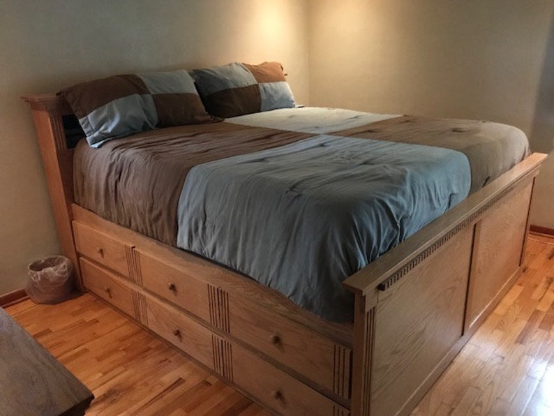 High Storage King Size Bed Made of Solid Oak Etsy