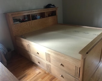 Handcrafted King Storage Bed, Twelve Under bed drawers, Headboard Shelf, No box springs needed