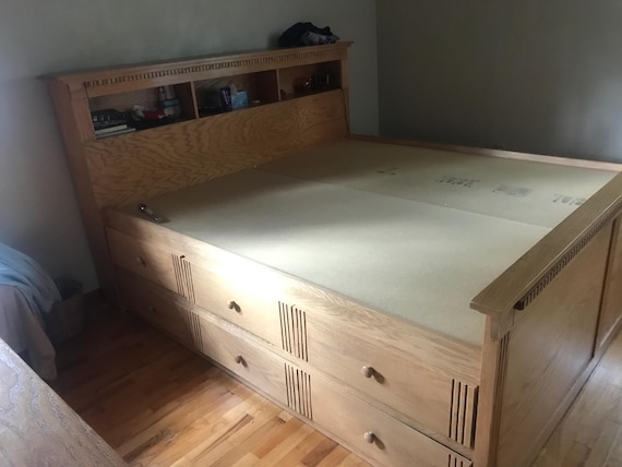 Handcrafted King Storage Bed, Twelve Under bed drawers, Headboard Shelf, No box springs needed