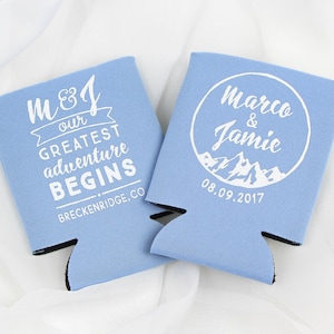 Personalized Wedding Can Coolers, Greatest Adventure Begins, Mountain Wedding Can Cooler, Wedding Favors, Insulator, Beer Huggers | MTN101