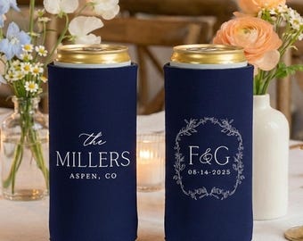 Slim 12oz Can Coolers, Personalized Wedding Favors, Customized, Monogrammed Skinny Huggers, Slim Insulators Seltzer, MON2015
