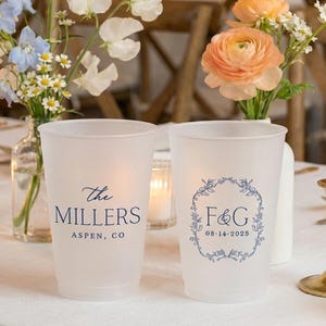 Personalized Wedding Frosted Cups: Customized Wedding, Party, Shower, Rehearsal Dinner Favors; Shatterproof Plastic | MON4015
