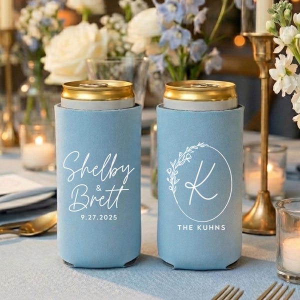 Slim 12oz Wedding Can Coolers, Personalized Wedding Favors, Customized, Monogrammed Skinny Can Coolers, Slim Insulators Seltzer, MON204