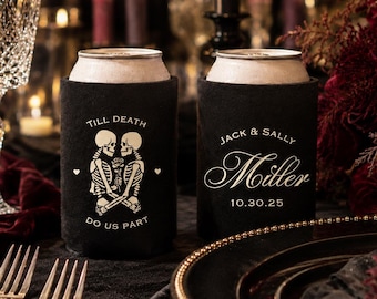 Personalized Halloween Wedding Favors, Custom Gothic Wedding Can Coolers Till Death Do Us Part, Goth Skeleton Halloween Party Hugger, HAL102