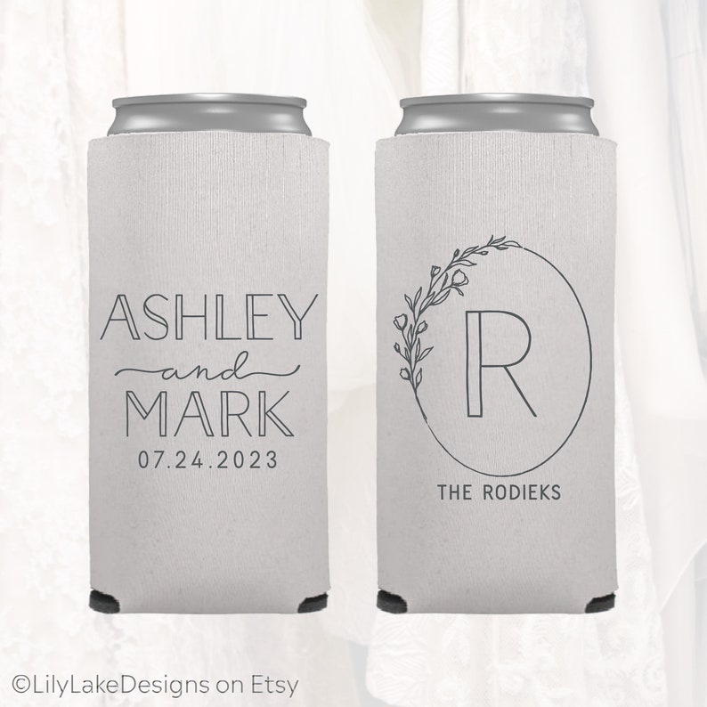 Slim 12oz Wedding Can Coolers, Personalized Wedding Favors, Customized, Monogrammed Skinny Can Coolers, Slim Insulators Seltzer, LWR207 image 1