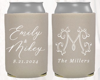 Personalized Wedding Can Cooler, Customized Wedding Favors, Beverage Insulators, Beer Huggers, Monogram, Wedding Shower, Rehearsal, MON107