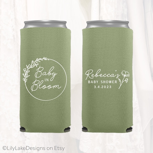 Slim 12oz Baby Shower Can Coolers, Personalized Baby in Bloom Favors, Boy or Girl, Wildflower Party, Sprinkle, Skinny Can Coolers, BLOOM201