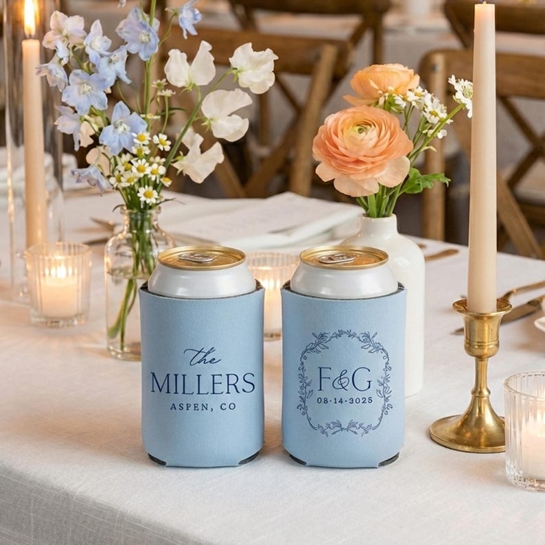 Personalized Wedding Can Cooler, Customized Wedding Favors, Beverage Insulators, Beer Huggers, Monogram, Shower, Rehearsal, MON1015 image 1