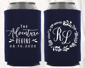 Personalized Wedding Can Coolers, The Adventure Begins, Customized Wedding Favors, Beverage Insulators, Beer Drink Hugger, Monogram | ADV103