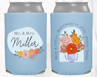 Personalized Wedding Can Cooler, Customized Wedding Favors, Full Color Insulators, Beer Huggers, Monogram, Wedding Shower, Rehearsal, FLW601