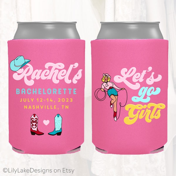 Custom Disco Cowgirl Bachelorette Can Coolers, Personalized Sublimated Huggers, Nashville Austin Bach Birthday, Slim or Regular, BACH602