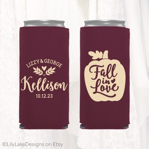 Personalized Fall Wedding Slim Can Cooler, Customized Fall Autumn Wedding Favors, Fall in Love, Skinny Can Cooler, Seltzer Huggie | FALL201