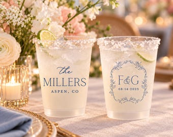 May include: Two clear plastic cups filled with ice, lime wedges, and a salted rim. The left cup features blue text reading "the MILLERS ASPEN, CO". The right cup displays a blue floral wreath surrounding the text "F&G 08.14.2025".