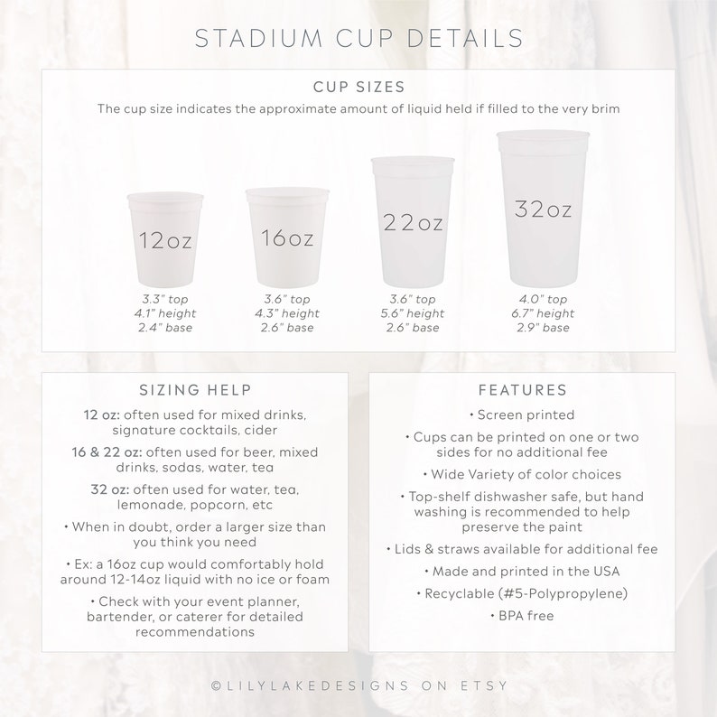 May include: Stadium cups in four sizes: 12oz, 16oz, 22oz, and 32oz. The cups are white and have measurements for the top, height, and base. The image also includes sizing help and features information for the cups.