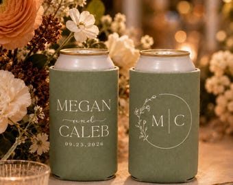 Personalized Wedding Can Cooler, Customized Wedding Favors, Beverage Insulators, Beer Huggers, Monogram, Wedding Shower, Rehearsal, MON1010