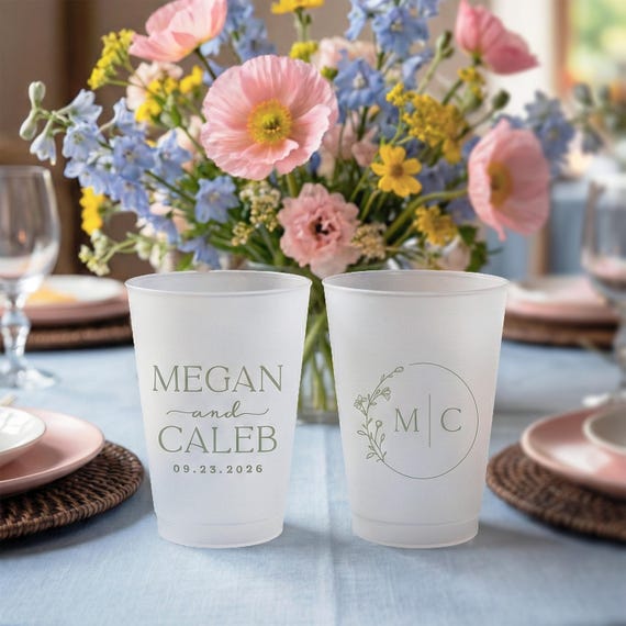 Personalized Wedding Frosted Cups: Customized Wedding, Party, Shower, Rehearsal Dinner Favors; Shatterproof Plastic | MON4010