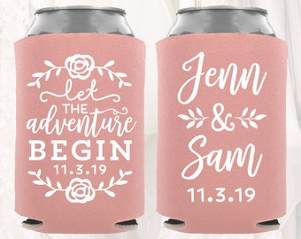 Personalized Wedding Favors | Let the Adventure Begin | Customized Wedding Can Coolers | Drink Insulators Beer Huggers Huggies | ADV102