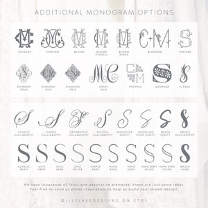 May include: A chart of different monogram styles, including elegant, fashion, bloom, blossom, vintage, diamond, swirl, adorned, floral, classic calligraphy, simple calligraphy, decorative calligraphy, playful calligraphy, monoline script, hand script, brush script, brush calligraphy, classic serif, chic serif, chic sans, chic inline, simple sans, hand sans, hand serif, hand serif inline, hand sans inline, and brush hand.