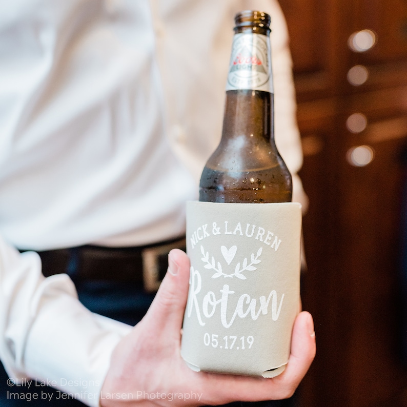 Personalized Wedding Favors, To Have To Hold To Keep Your Drink Cold, Customized Wedding Can Coolers, Monogram Insulators Beer Hugger, TH101 image 4