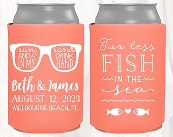 Personalized Wedding Favors, Two Less Fish in the Sea, Customized Wedding Can Coolers, Destination Beach Wedding, Insulators Beer | SUN101