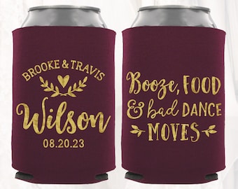 Personalized Wedding Favors; Booze, Food & Bad Dance Moves; Customized Wedding Can Coolers; Beverage Insulators Beer Drink Huggers | BFD101