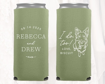 Custom Slim 12oz Pet Wedding Can Coolers, Personalized Dog Wedding Favors, Skinny Can Cooler, Seltzer, Dog Cat Portrait Drawing CT201P