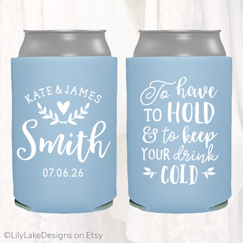 Personalized Wedding Favors, To Have To Hold To Keep Your Drink Cold, Customized Wedding Can Coolers, Monogram Insulators Beer Hugger, TH101 image 1