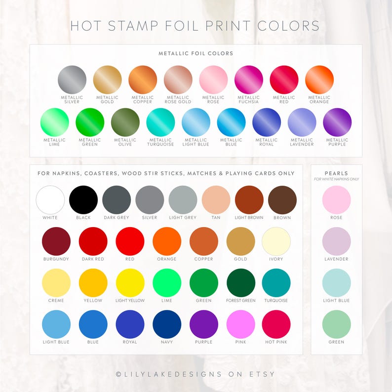 Puede incluir: Carta de colores con opciones de l&aacute;mina met&aacute;lica y colores s&oacute;lidos para varios productos. Incluye colores met&aacute;licos como plata, oro y cobre, adem&aacute;s de una gama de colores s&oacute;lidos como rojo, azul y verde. El texto dice "Hot Stamp Foil Print Colors".