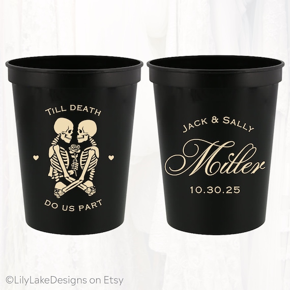 Personalized Halloween Wedding Stadium Cups, Custom Gothic Wedding Favors Plastic, Till Death Do Us Part, Halloween Party Goth, HAL302