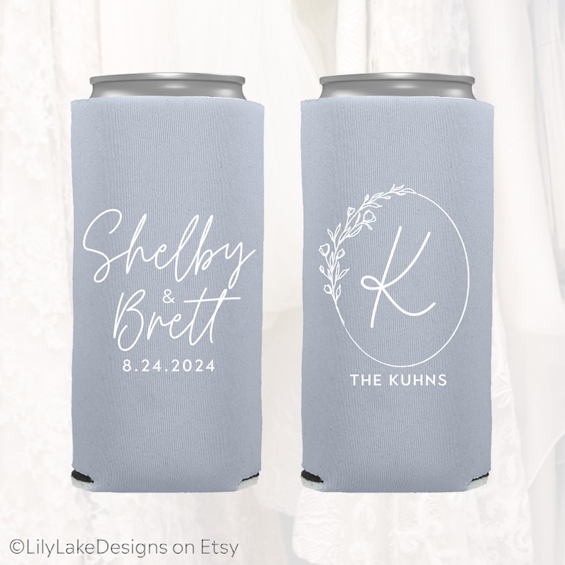 Slim 12oz Wedding Can Coolers, Personalized Wedding Favors, Customized, Monogrammed Skinny Can Coolers, Slim Insulators Seltzer, MON204 image 1