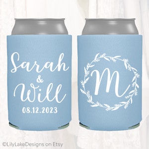 Personalized Wedding Can Cooler, Customized Wreath Wedding Can Cooler, Wedding Favors, Beverage Insulators, Drink, Beer Huggers | FLW105