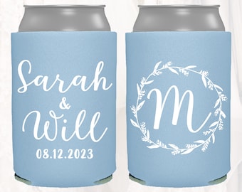 Personalized Wedding Can Cooler, Customized Wreath Wedding Can Cooler, Wedding Favors, Beverage Insulators, Drink, Beer Huggers | FLW105