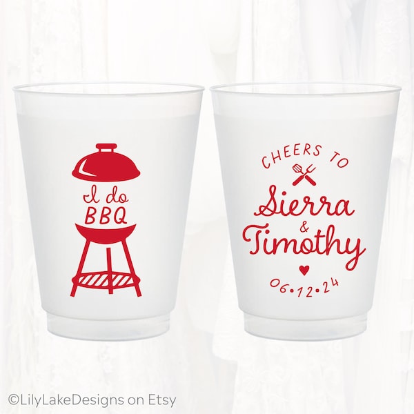 Personalized BBQ Wedding Frosted Cups, 16oz, Custom Barbecue Wedding Shower Favor, Engagement Party Frosted Plastic Cup, Grill Party, BBQ401