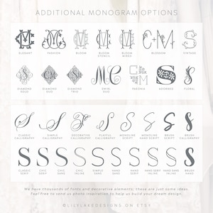 May include: A display of monogram options in various styles, including elegant, fashion, and vintage designs. The image showcases different fonts, such as classic calligraphy, simple sans, and brush calligraphy. Text at the bottom reads, "We have thousands of fonts and decorative elements."
